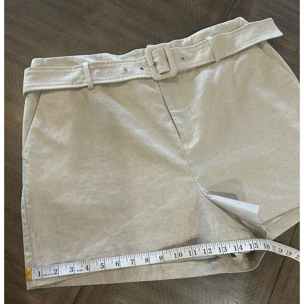 NINE WEST Beige Khaki Shimmer Linen Blend Belted Classic Shorts Women’s Size XL